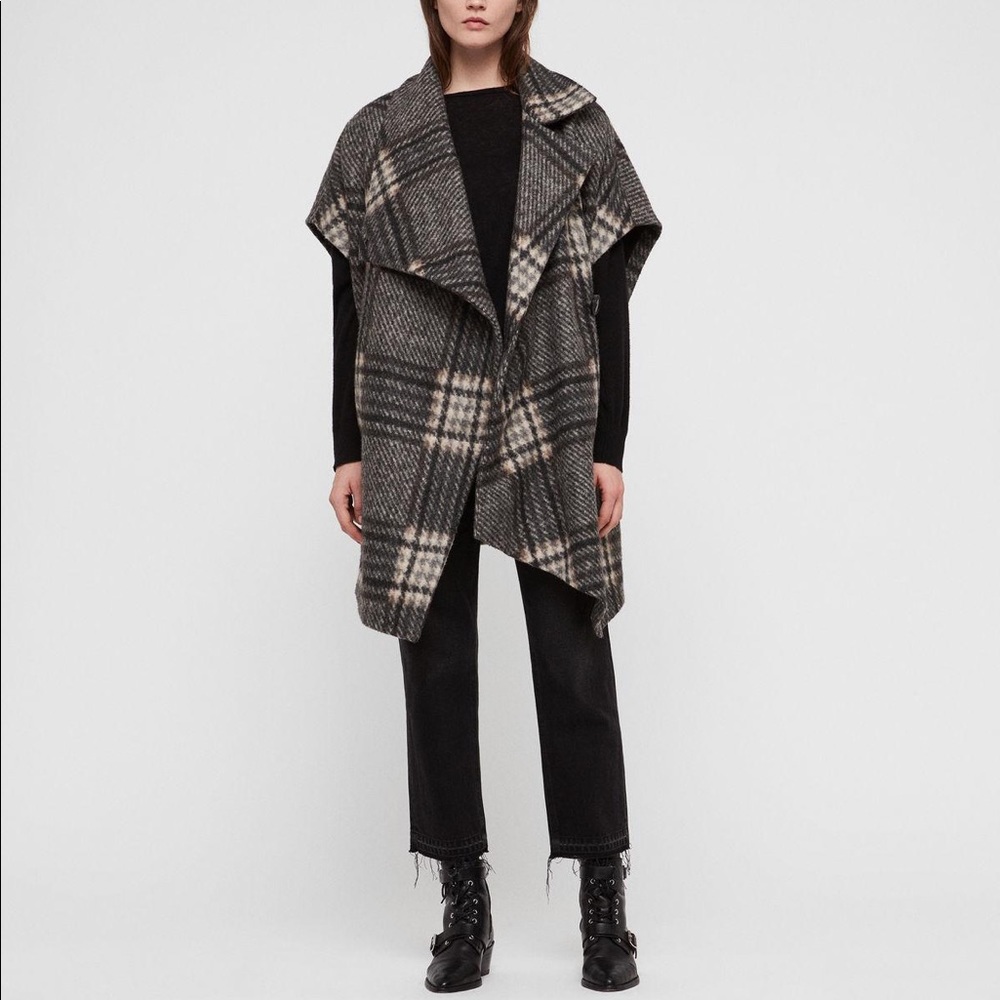 NWOT AllSaints Women's Black Wrenley Check Italian  Wool Cape